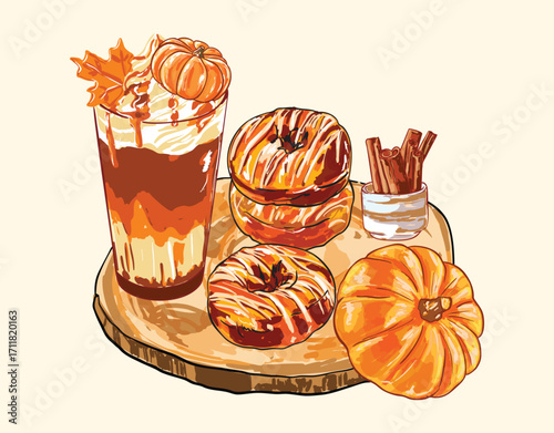 Autumn Pumpkin Spice Latte and Donuts Illustration Set