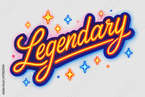 Legendary retro neon calligraphy glowing bold strokes surrounded by sparkles diagonal decorative composition clean white background vector look high contrast.