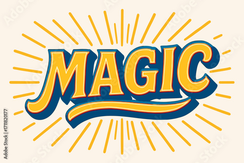 Magic retro poster lettering luminous bold style surrounded by rays horizontal balanced layout clean white background vector look high contrast.