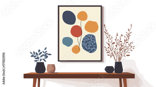 The image shows a framed abstract art print featuring organic, rounded shapes in shades of blue, orange, and yellow on a beige background. The print is displayed on a mid-century modern style