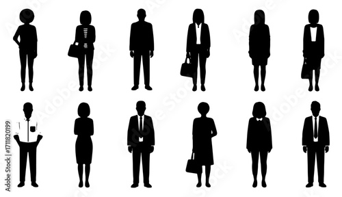 Silhouette Array Diverse People in a Minimalist Vector Graphic, Showcasing Office Workers