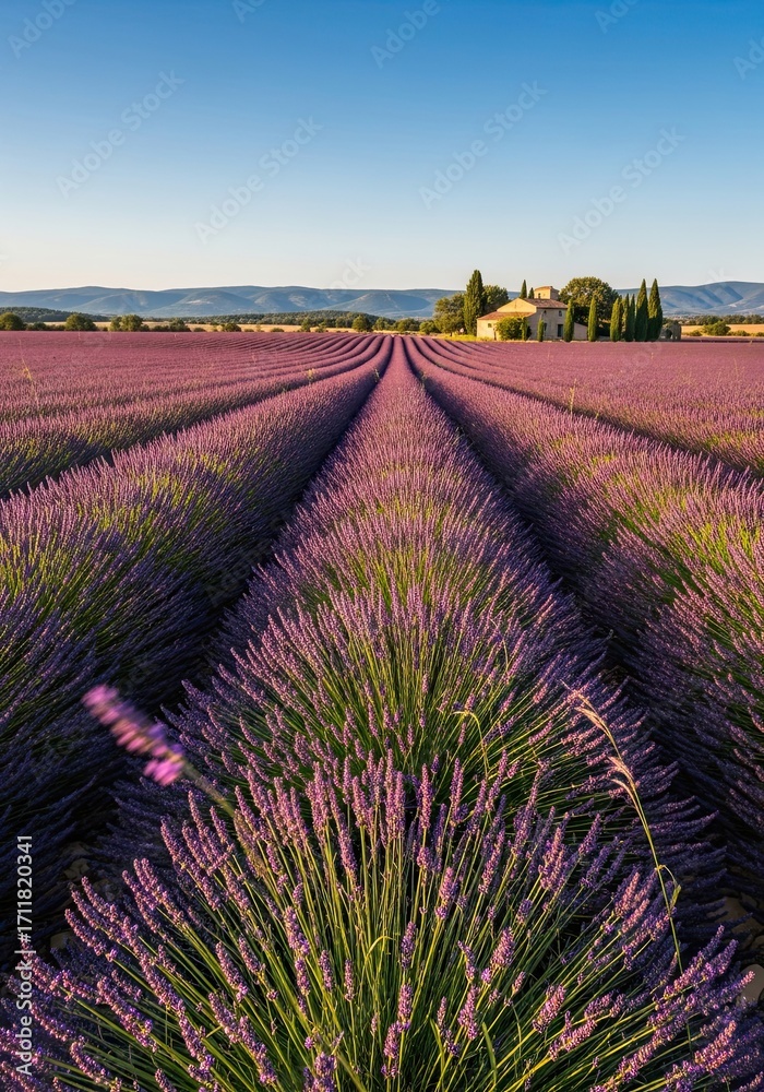 Fototapeta premium Photo of lavender field in provence, france at sunset with a clear blue sky and a traditional farmhouse in the distance, creating a serene landscape