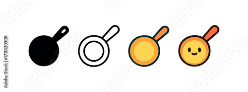 Vector icon kitchen frying pan same pose same proportions four styles black solid glyph outline minimal flat multicolor filled cartoon flat shaded.
