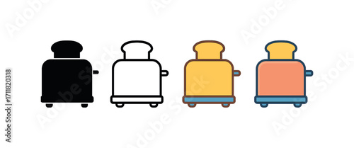 Vector icon kitchen toaster same pose same proportions four styles black solid glyph outline minimal flat multicolor filled cartoon flat shaded.