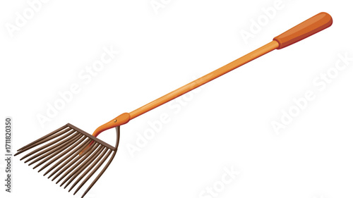 A digital illustration of a hand rake isolated on a white background. The rake features a long, light brown wooden handle and a dark brown metal head with multiple tines. 
