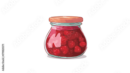 Digital illustration of a glass jar filled with raspberry jam. The jar is round-bellied with a slightly narrower neck and a light orange lid. The jam is a deep red color and shows visible