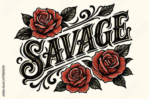 Savage old school tattoo lettering heavy decorative strokes surrounded by roses diagonal decorative composition clean white background vector look high contrast.