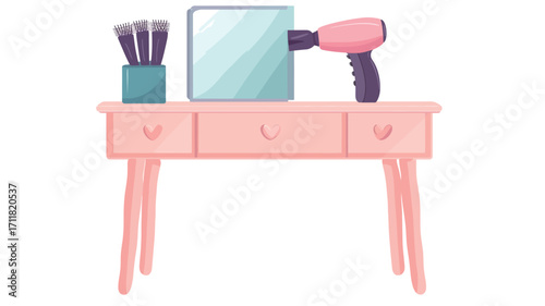 An illustration of a pink vanity table with three drawers.  On the table are a container of makeup brushes, a rectangular mirror, and a pink and purple hair dryer. The style is cartoonish or vector