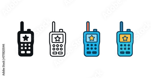 Vector icon police radio same pose same proportions four styles black solid glyph outline minimal flat multicolor filled cartoon flat shaded.