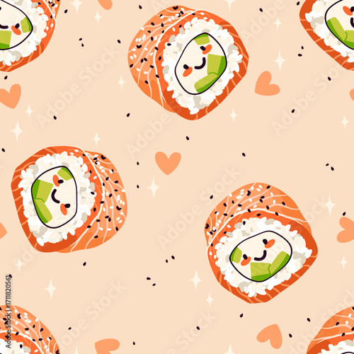 Vector cute seamless pattern with sushi rolls. Japanese illustration.