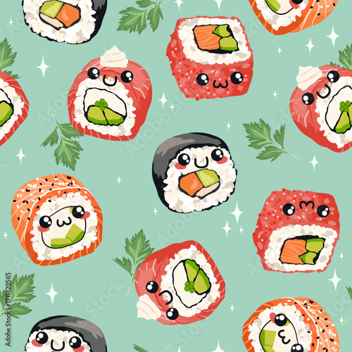 Vector seamless bright pattern with sushi rolls. Cute sushi. Japanese asian traditional food. 