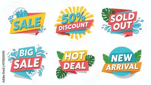A collection of six vibrant, stylized sale and discount badges, including "Sale," "50% Discount," "Sold Out," "Big Sale," "Hot Deal," and "New Arrival," feat...