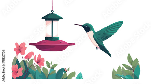 A digital illustration depicting a hummingbird in flight approaching a hanging bird feeder. The feeder is pink and green, with a clear glass section.  Pink azalea flowers and green foliage are