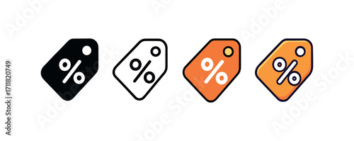 Vector icon shopping discount tag same pose same proportions four styles black solid glyph outline minimal flat multicolor filled cartoon flat shaded.