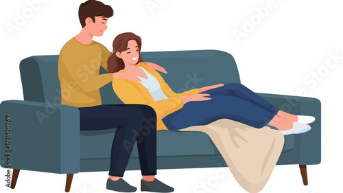 A digital illustration depicts a young couple relaxing on a teal sofa. The man is sitting upright with his arm around the woman, who is lying down with her head resting on his shoulder. 