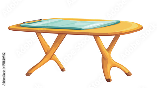 The image shows an illustration of a low, oval-shaped yellow table with uniquely shaped legs that splay outward.  A light teal or blue rectangular tray sits centered on the table's surface. 