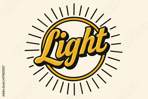 Light retro poster lettering luminous bold strokes surrounded by rays circular frame composition clean white background vector look high contrast.