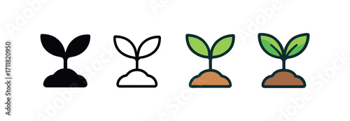 Vector icon gardening plant seedling same pose same proportions four styles black solid glyph outline minimal flat multicolor filled cartoon flat shaded.