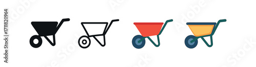 Vector icon gardening wheelbarrow same pose same proportions four styles black solid glyph outline minimal flat multicolor filled cartoon flat shaded.