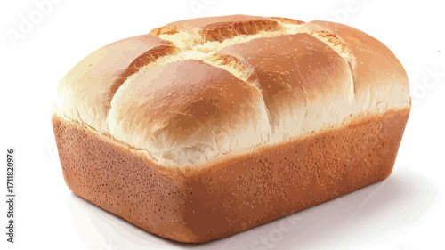A high-angle, close-up studio shot of a rectangular loaf of white bread in a baking pan. The bread is light golden brown, with a slightly textured crust and visible scoring on top. 
