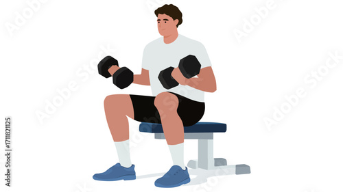 The image shows a man seated on a small bench, performing bicep curls with a pair of dumbbells. He is wearing a white t-shirt, black shorts, and blue athletic shoes.  The background is plain white.