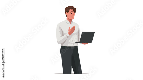 The image shows a stylized vector illustration of a man, possibly a businessman, holding a laptop computer. He appears to be making a presentation or explaining something, indicated by his hand