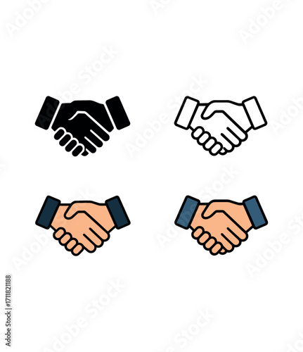 Vector icon business handshake deal same pose same proportions four styles black solid glyph outline minimal flat multicolor filled cartoon flat shaded.