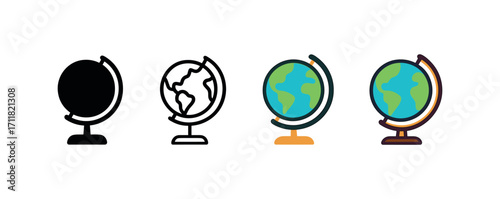 Vector icon education globe same pose same proportions four styles black solid glyph outline minimal flat multicolor filled cartoon flat shaded.