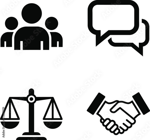 Essential Business Icons Group, Communication, Justice, and Partnership
