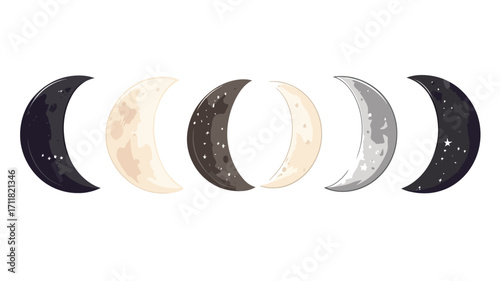 Digital illustration depicting the phases of the moon.  The image shows five stylized crescent, half, and gibbous moon phases in a horizontal row against a white background. 