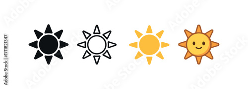 Vector icon seasons summer sun same pose same proportions four styles black solid glyph outline minimal flat multicolor filled cartoon flat shaded.