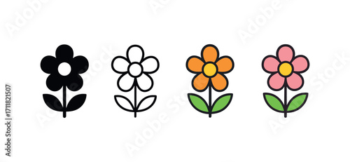 Vector icon seasons spring flower same pose same proportions four styles black solid glyph outline minimal flat multicolor filled cartoon flat shaded.