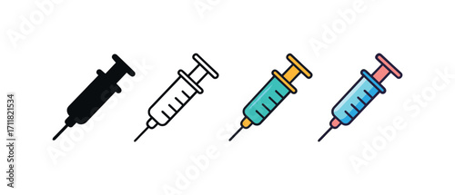Vector icon medical syringe same pose same proportions four styles black solid glyph outline minimal flat multicolor filled cartoon flat shaded.