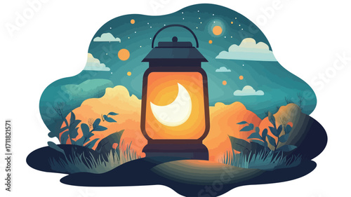 A digital illustration depicting a stylized lantern emitting a warm glow. Inside the lantern is a crescent moon. The background features a stylized night sky with stars, clouds, and stylized plants