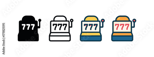 Vector icon casino slot machine same pose same proportions four styles black solid glyph outline minimal flat multicolor filled cartoon flat shaded.