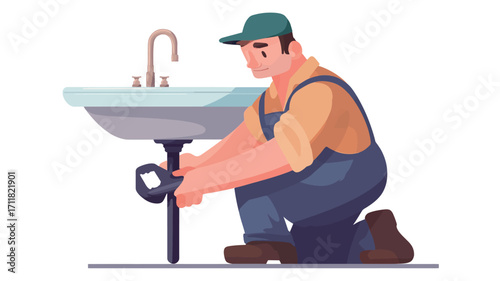 A vector illustration depicting a male plumber kneeling and working on a sink drain. He is wearing a green cap and blue overalls. The sink is white with a chrome faucet. The plumber is using a tool