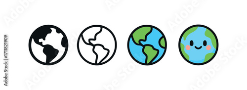 Vector icon ecology earth globe same pose same proportions four styles black solid glyph outline minimal flat multicolor filled cartoon flat shaded.