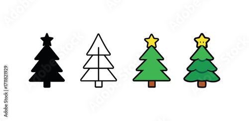 Vector icon holidays christmas tree same pose same proportions four styles black solid glyph outline minimal flat multicolor filled cartoon flat shaded.