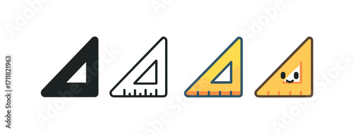 Vector icon school ruler same pose same proportions four styles black solid glyph outline minimal flat multicolor filled cartoon flat shaded.