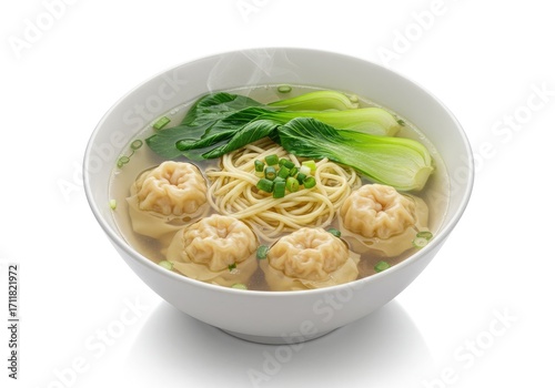 a bowl of wonton noodle soup clear broth thin egg