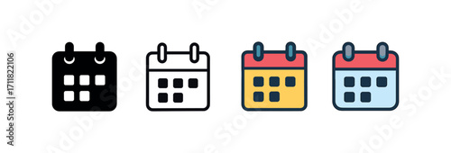 Vector icon office calendar same pose same proportions four styles black solid glyph outline minimal flat multicolor filled cartoon flat shaded.