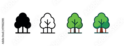 Vector icon ecology forest trees same pose same proportions four styles black solid glyph outline minimal flat multicolor filled cartoon flat shaded.