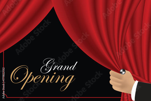 hand pulling red curtain with grand opening written on it