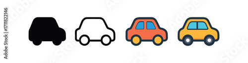 Vector icon transport car same pose same proportions four styles black solid glyph outline minimal flat multicolor filled cartoon flat shaded.