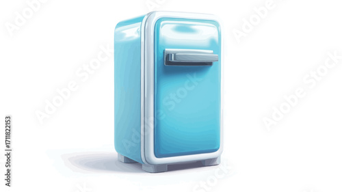 A digitally rendered image depicts a light blue retro-style refrigerator against a white background. The refrigerator is rectangular with rounded corners and features a light blue body and white