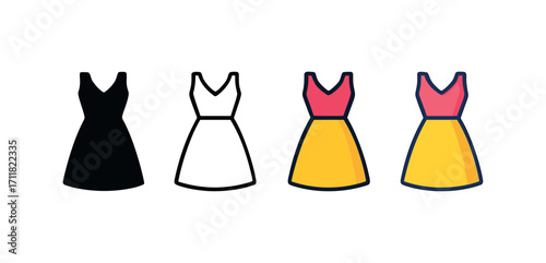 Vector icon fashion dress same pose same proportions four styles black solid glyph outline minimal flat multicolor filled cartoon flat shaded.