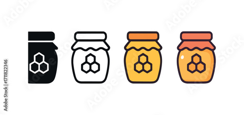 Vector icon farm honey jar same pose same proportions four styles black solid glyph outline minimal flat multicolor filled cartoon flat shaded.