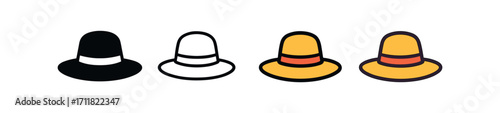 Vector icon fashion hat same pose same proportions four styles black solid glyph outline minimal flat multicolor filled cartoon flat shaded.