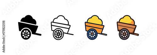 Vector icon farm cart same pose same proportions four styles black solid glyph outline minimal flat multicolor filled cartoon flat shaded.