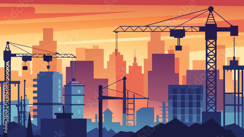 Vector art of construction site with cranes and buildings at sunset, a vibrant cityscape with silhouettes of modern architecture against a colorful sky